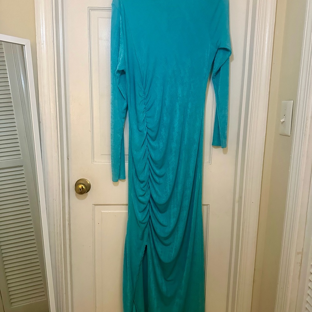 Boohoo Blue Ruched Bodycon Dress with Dolman Sleeves